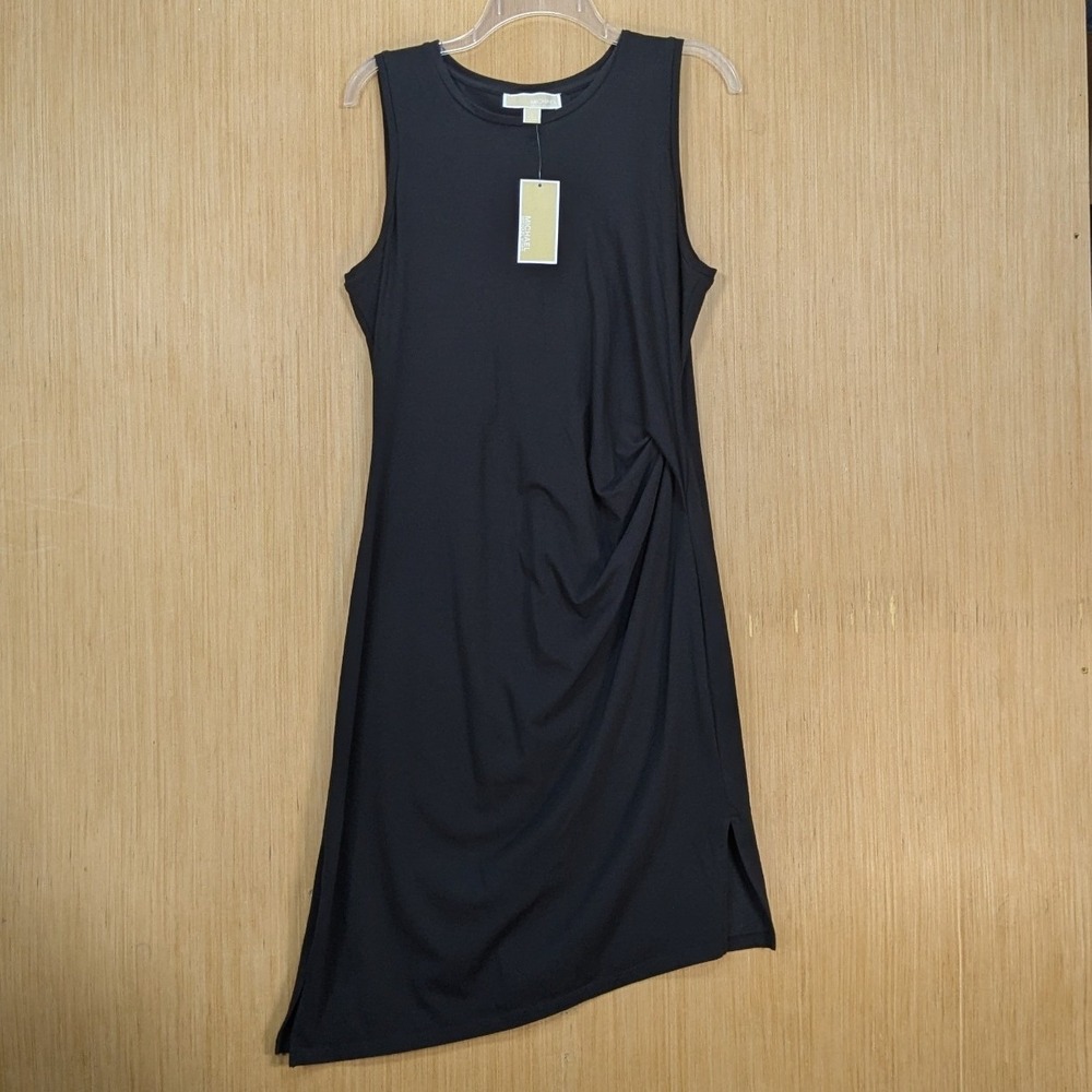 Michael Kors Minimalist Quiet Luxury Asymmetrical Ruched Black Knit Dress Large